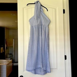 Seersucker twisted neck halter dress.